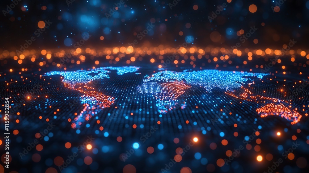 Poster glowing digital world map with connecting nodes.