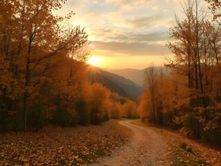 sunset road in the autumn with mountian view