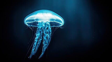 Ethereal Blue Jellyfish Gliding Gracefully in Deep Sea Waters with Illuminating Bioluminescence