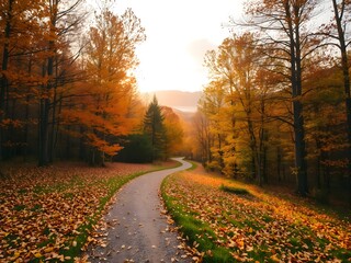 Fall scene multi colored leaves on paved path