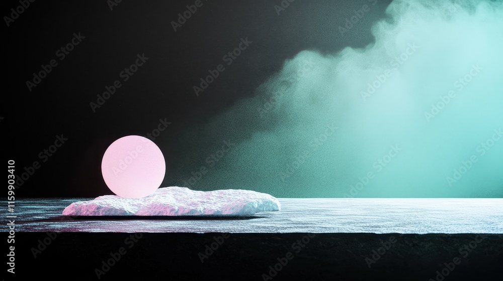 Poster ethereal sphere on cloudy surface with soft neon colors and misty background atmosphere