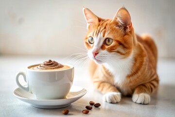 Cute Ginger Cat & Cappuccino: Gourmet Coffee Beans, Medium Shot