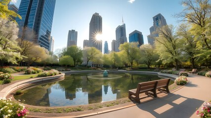 fountain in a city park with sun rays