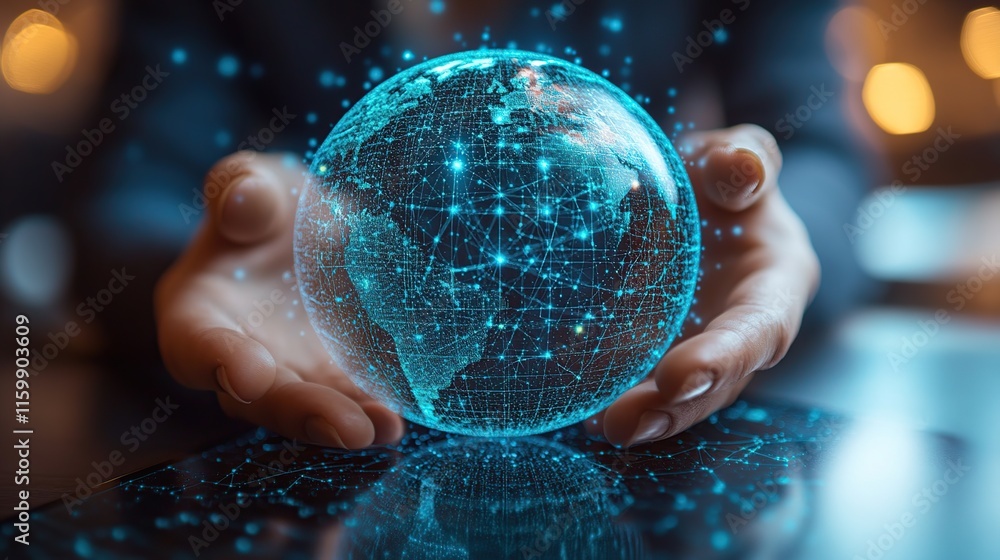 Poster hands holding a glowing digital globe, representing global connection and technology.