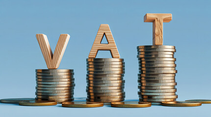 Value Added Tax Illustration – Coin Stacks with 'VAT' Blocks Highlighting Financial Implications