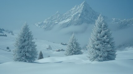 Serene winter landscape with snow-covered trees and majestic mountains in the background.