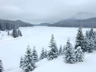 Frozen Lake with mountains and trees