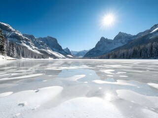 Frozen Lake with mountains and trees