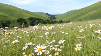 Green meadow with wildflowers and rolling hills and valley