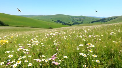 Green meadow with wildflowers and rolling hills
