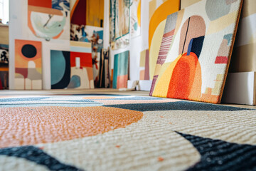 Abstract artwork displayed in an art studio, showcasing vibrant colors and geometric patterns on both the wall and the floor.