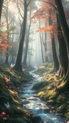 Mystical forest stream with fantasy creatures -  vertical orientation