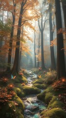Mystical forest stream with fantasy creatures -  vertical orientation