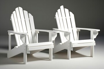 Two white Adirondack chairs sit side-by-side on a neutral background.