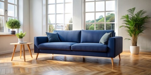Deep Navy Blue Minimalist Sofa: Contemporary Living Room Design Inspiration