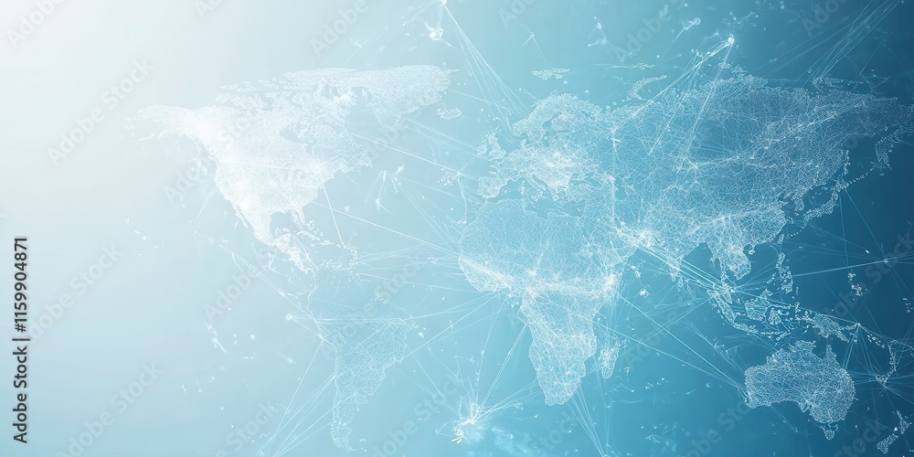 Wall mural light blue background with a digital world map and global network connections, representing the conc
