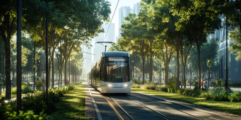 Modern tram glides through a sun-drenched city street lined with lush green trees, a tranquil urban scene.