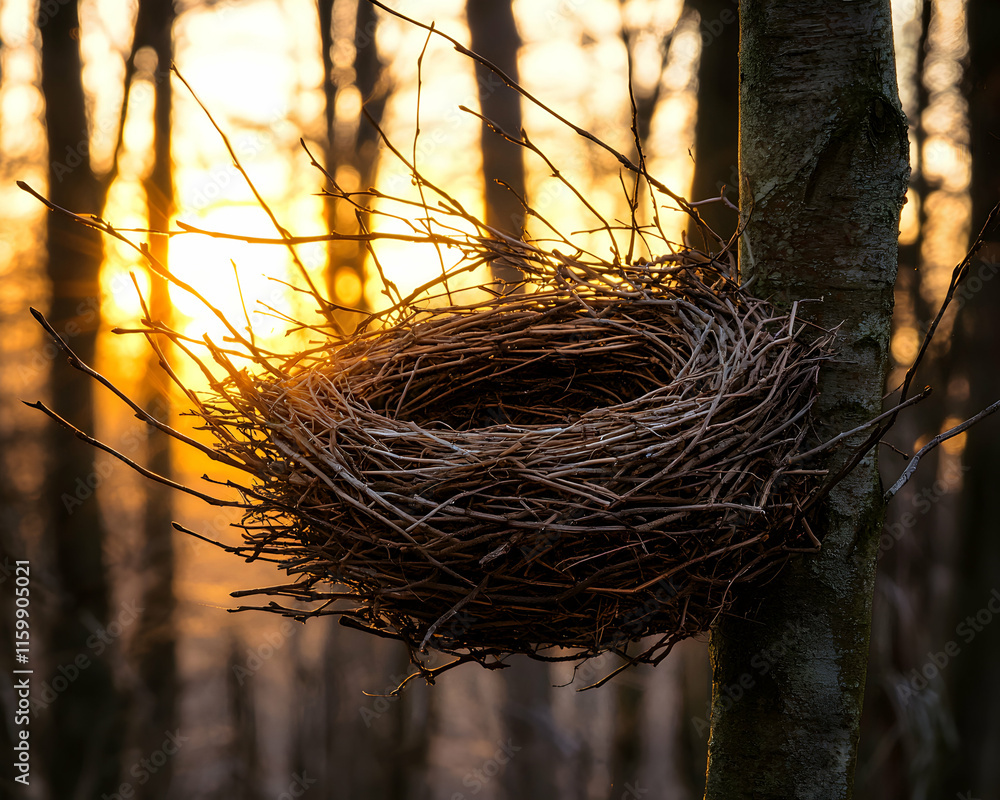 Aufkleber golden sunset illuminates an empty bird's nest nestled in a tree, creating a serene and peaceful woo