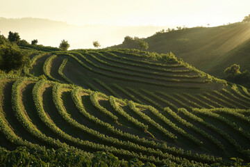 Fototapeta premium Sun-drenched terraced hillside vineyard at sunrise. Lush green rows stretch across the landscape.