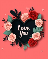 Black heart-shaped floral wreath with red and pink roses, 'Love You' text on coral background