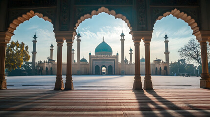 Grand Mosque Courtyard with Arched Architecture and Blue Domed Skyline : Generative AI