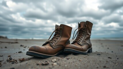 Naklejka premium Old Military Boots on Cloudy Beach - Historical Mood