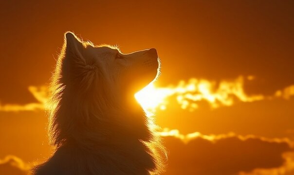 White dog silhouette against fiery sunset.