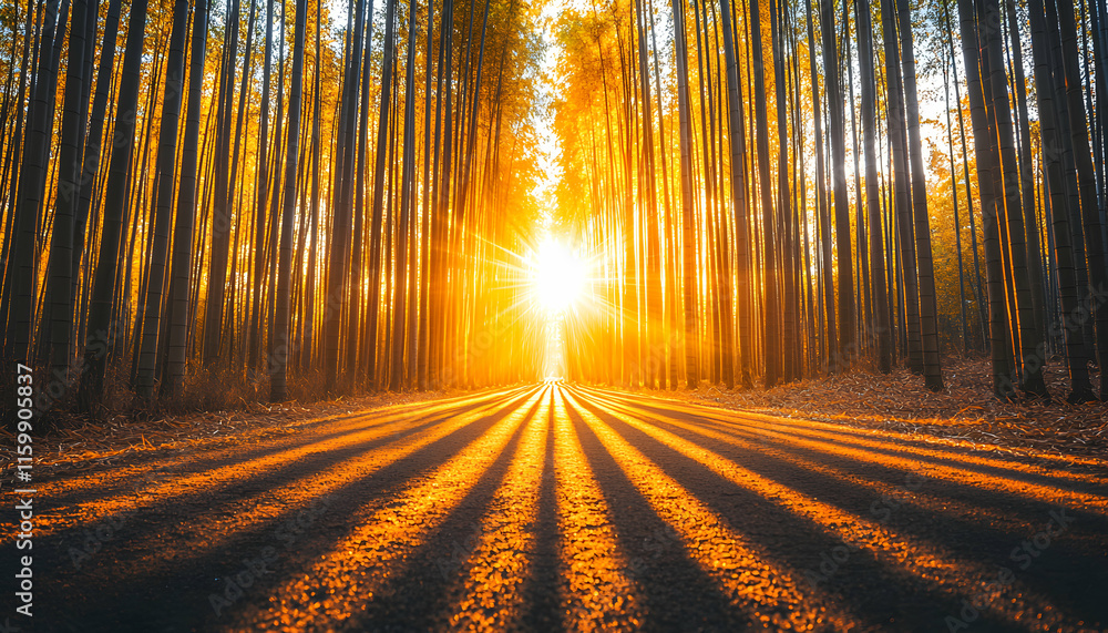 Aufkleber sunbeams illuminate a path through a dense bamboo forest at sunset, creating a radiant and serene at