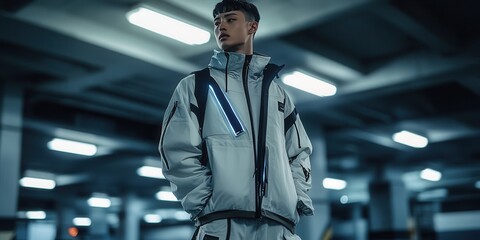 Model posed in a futuristic parking garage wearing a breathable techwear jacket 