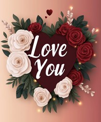 Deep red heart with 'Love You' text surrounded by red and white roses and festive greenery on a warm gradient background