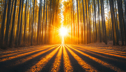 Sunbeams illuminate a path through a dense bamboo forest at sunset, creating a radiant and serene atmosphere.  Golden hour light bathes the scene.