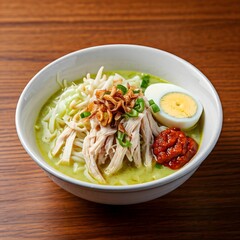 Soto Ayam is an Indonesian chicken soup made with turmeric broth, shredded chicken, noodles, and toppings like boiled eggs, lime, and fried shallots, often served with rice