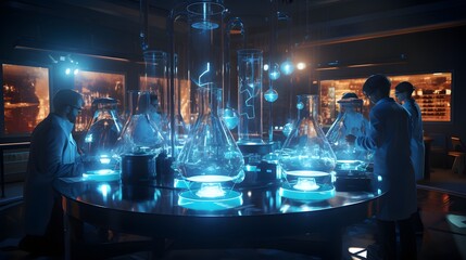 Engineers in Lab Coats Test Machinery and Conduct Experiments in High-Tech Laboratory.
