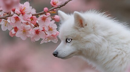 White dog gazes at pink blossoms.