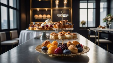 A beautifully arranged dessert display featuring pastries and fruits in an elegant setting.