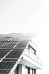 black and white photo of solar panels on the roof of a house, lots of free space for text, small business and ecology