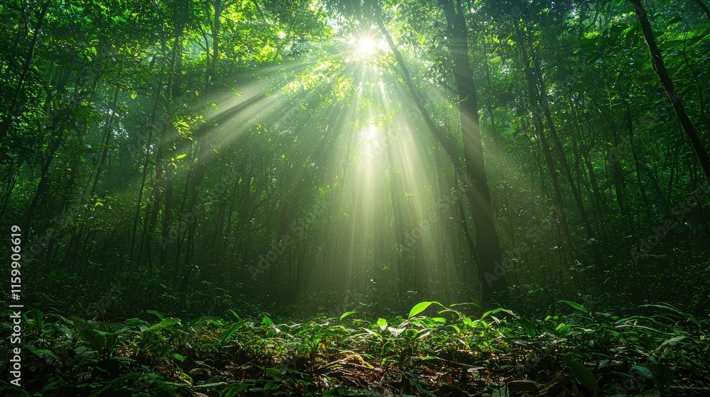Poster sunlight streams through a dense forest, illuminating lush greenery and creating a serene atmosphere