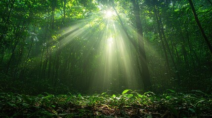 Naklejka premium Sunlight streams through a dense forest, illuminating lush greenery and creating a serene atmosphere.