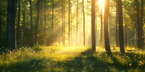 Sunlit Forest in Misty Morning with Vibrant Greenery and Tranquil Atmosphere : Generative AI