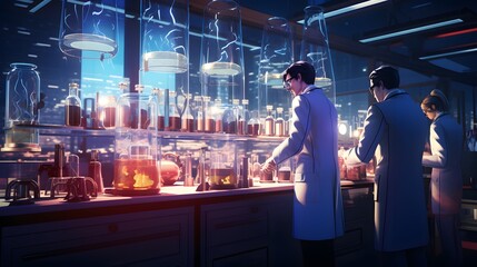 Engineers in Lab Coats Test Machinery and Conduct Experiments in High-Tech Laboratory.
