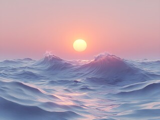 A tranquil scene featuring a rainbow wave, orange sun, soft blue sky, and calm sea