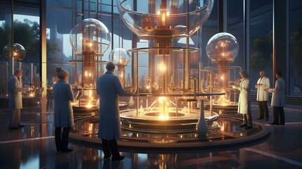Engineers in Lab Coats Test Machinery and Conduct Experiments in High-Tech Laboratory.
