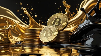 Golden Bitcoin coins stacked with liquid gold splashes in a futuristic black and gold design, symbolizing the wealth, value, and digital evolution of cryptocurrency and blockchain technology