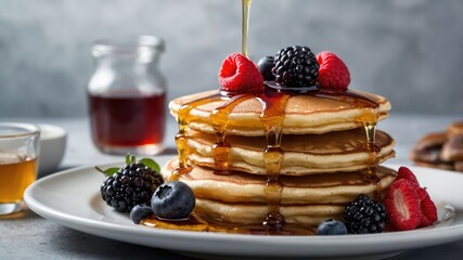 A delicious stack of pancakes topped with berries and syrup, served on a plate.
