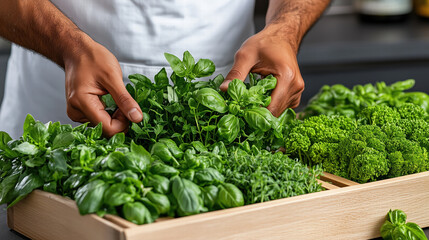 Fresh herbs being arranged in wooden tray by chef Generative Ai