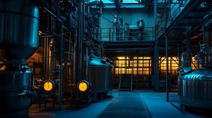 Fototapeta premium A large industrial building with many tanks and pipes. The building is dark and the lights are on