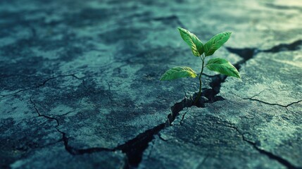 Abstract Representation of Personal Growth Symbolized by a Green Plant Emerging From Cracked Earth Surface