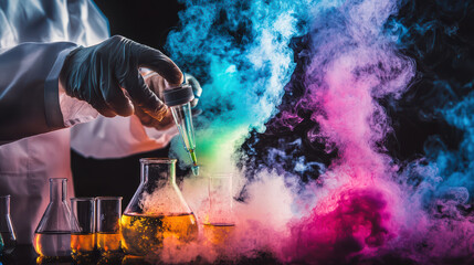 chemist in lab coat is mixing colorful substances in beakers, creating vibrant smoke effects. scene captures excitement of scientific experimentation and discovery