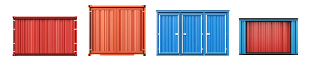 Four shipping containers in varying sizes and colors, including red and blue, arranged in a row.