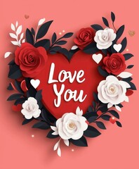 Heart-Shaped Floral Wreath with Red and White Roses on Coral Background, Love You Text